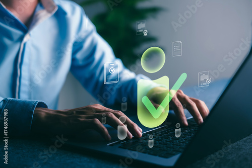 User verification concept showing person icon with green checkmark, symbolizing digital identity authentication and secure access.