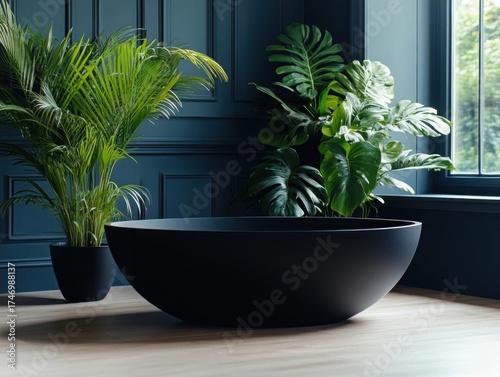 Black modern bathroom interior with tropical plants in pots.