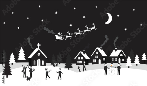 Whimsical christmas village scene with santa's sleigh flying overhead under a starry night sky and crescent moon isolated on white background