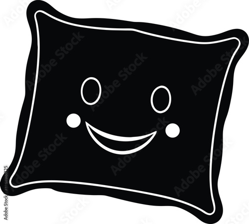 Smiling Pillow Silhouette Vector | Cute Sleep Icon with Happy Face in Black | Bedtime Cartoon Illustration