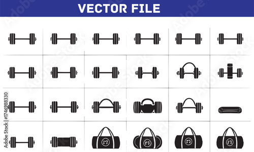 Fitness Equipment Vector Set Featuring Dumbbells Barbells Weightlifting Bags and Exercise Mat for Gym Workout and Fitness Training