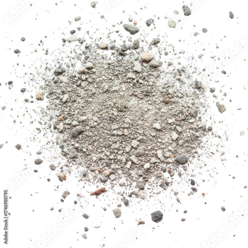 Fine gray debris, dirt, and stone dust pile texture element for construction projects. isolated PNG with Transparent Background