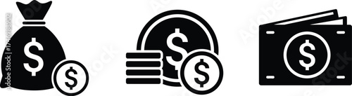 Black and white icons depicting money bags coins and a wallet