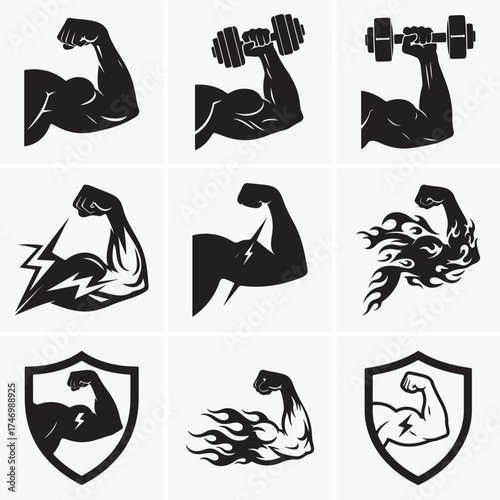 Strong muscular arm variations displayed in black and white silhouette with transparent background
