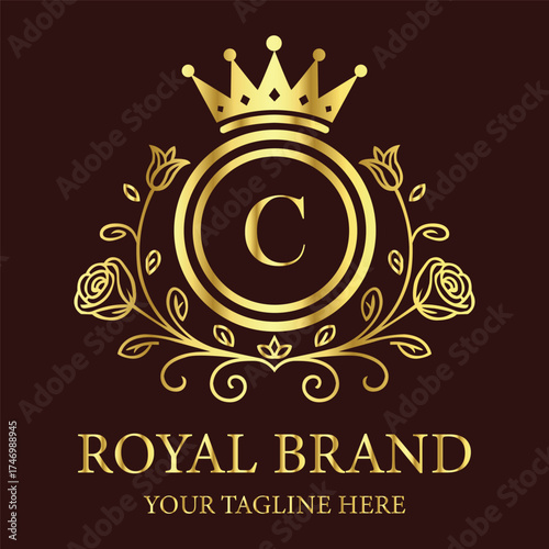 Royal brand logo C design with golden crown and floral ornament for luxury business identity creation