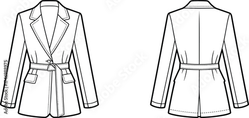 Tailored women’s blazer flat sketch with notched lapel, belt waist, button closure, flap pockets, vented back, front and back illustration