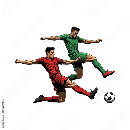 Two male soccer players in mid-air action competing for the ball.