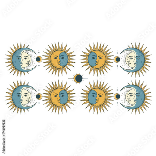 Vintage celestial pattern with sun and moon faces illustration.