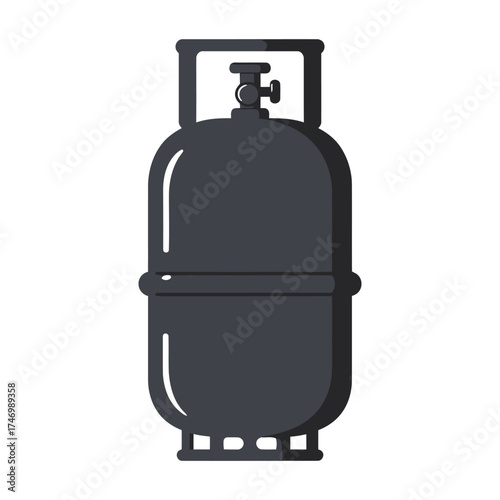 A simple clean and modern flat design illustration of a dark gray propane gas cylinder isolated on a white background