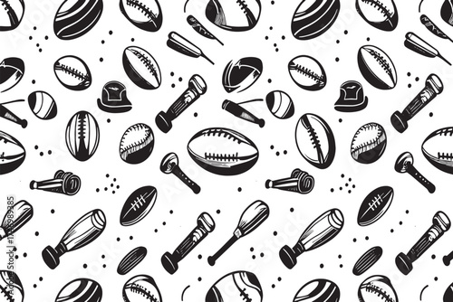 Monochrome Seamless Pattern Featuring Various Sporting Equipment on White Backdrop Sports Themed Design with Rugby Balls Helmets and Other Gear