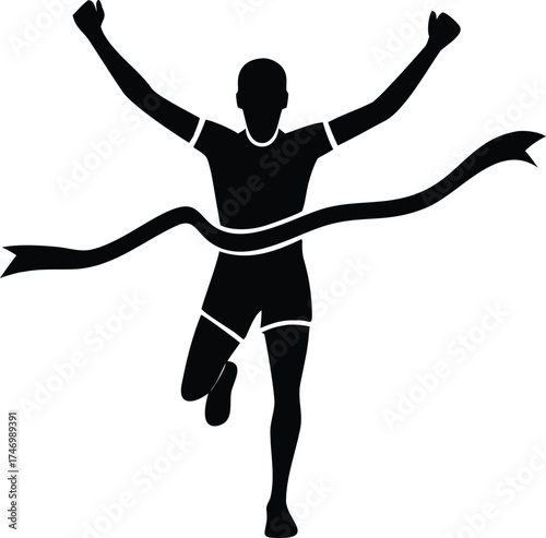 Athlete crossing finish line with arms raised victorious silhouette represents achievement and success vector
