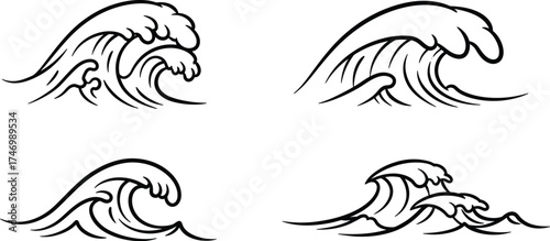 Four black and white wave illustrations set against a plain white background