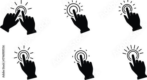 Black silhouettes of hands pressing or touching circular buttons with rays