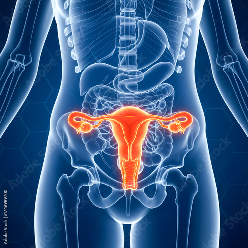 3D Medical Illustration of Female Reproductive System with Glowing Uterus and Ovaries