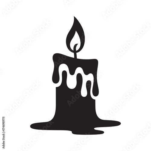 Black silhouette of a melting candle with a flame and dripping wax on a white background