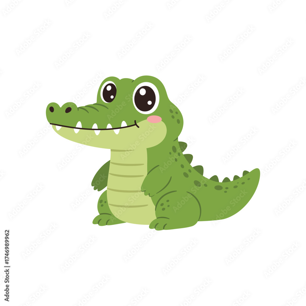 Obraz premium Adorable cartoon baby alligator with big eyes and a friendly smile sitting on a white background perfect for children s illustrations
