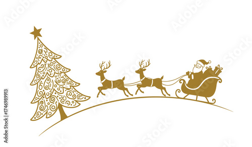 Santa claus sleigh ride with reindeer and christmas tree winter holiday season celebration festive merry christmas eve journey isolated on white background