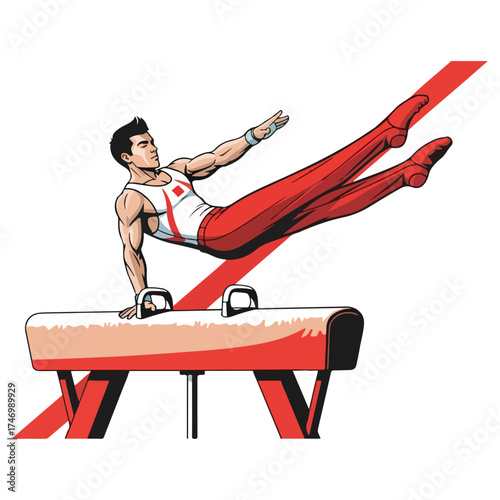 Male Gymnast Performing on Pommel Horse with Red Graphic Element.