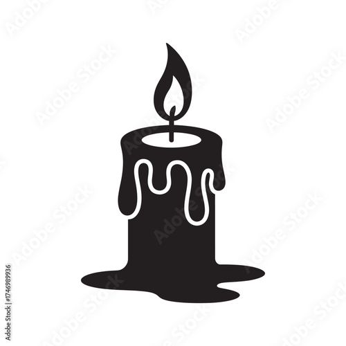 Simple black silhouette of a melting candle with a flickering flame and wax drips on a white background