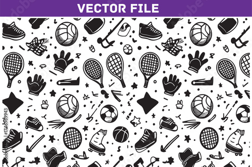 Seamless Sport Equipment Pattern Background Vector Design for Sport Lovers and Fitness Enthusiasts Perfect for Wallpaper Fabric Prints and Creative Projects Featuring Balls Rackets and Shoes
