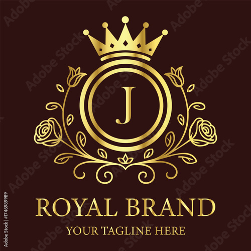 Royal brand logo J design with golden crown and floral ornament for luxury business identity creation