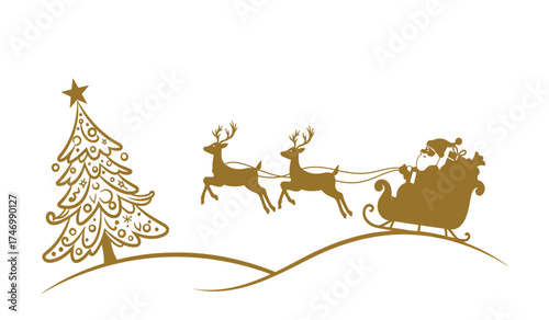 Whimsical gold line art christmas tree and santa's sleigh with reindeer in snowy landscape for festive holiday designs isolated on white background