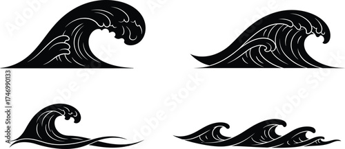 Stylized black and white illustrations of ocean waves in varying shapes