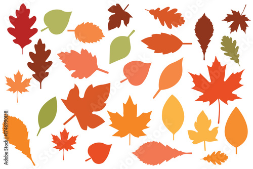 Set of silhouettes of leaves of different colors. autumn leaves in warm colors. Orange fall colorful leaves flying falling effect. autumn background. Bright and simple autumn leaves in warm colors. 