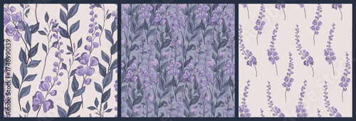 Seamless floral pattern, delicate nature print of hand drawn wild plants. Romantic botanical design in purple colors, small flowers, large leaves, abstract twigs on a light filed. Vector illustration.