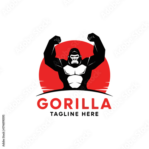 Strong Gorilla Flexing Muscles Logo Design.