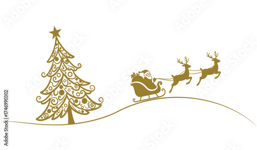 Whimsical hand-drawn christmas scene santa claus sleigh reindeer flying over snow with decorated festive tree for holiday celebrations isolated on white background