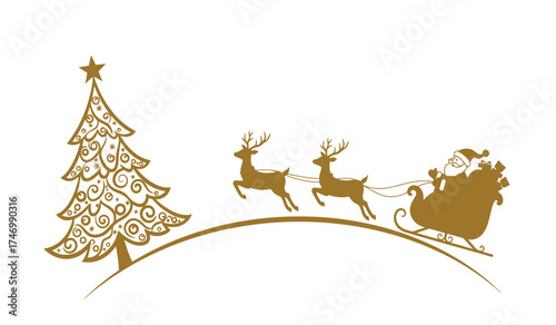 Whimsical golden christmas tree and santa claus sleigh ride with reindeer festive holiday scene isolated on white background