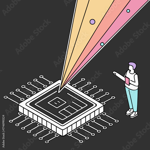 Vector art of man explaining the power of a modern processor