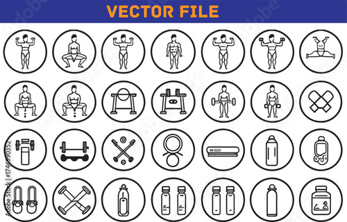 Set of fitness and gym icons in line style depicting different exercises and equipment for training and healthy lifestyle