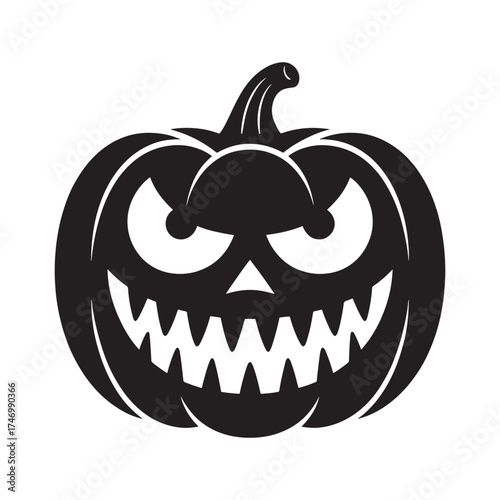 Spooky black silhouette of a jack o lantern pumpkin with a scary face and sharp teeth for halloween