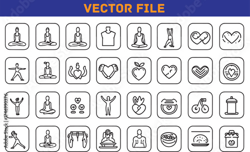 Set of Vector Icons Related to Yoga Wellness Self Care and Healthy Lifestyle for Web Design or Mobile Apps Promoting Balance and Mindfulness