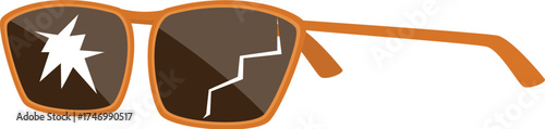 Orange sunglasses with broken lenses featuring a crack and a star shaped hole