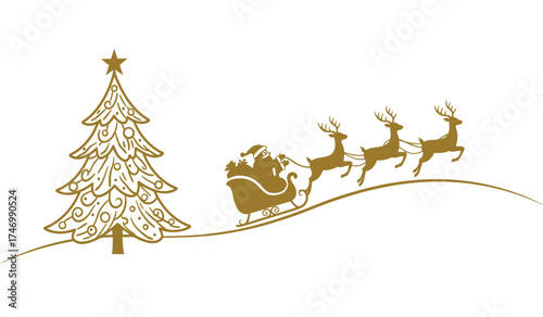 Whimsical christmas scene santa's sleigh pulled by reindeer across snowy landscape with decorated tree isolated on white background