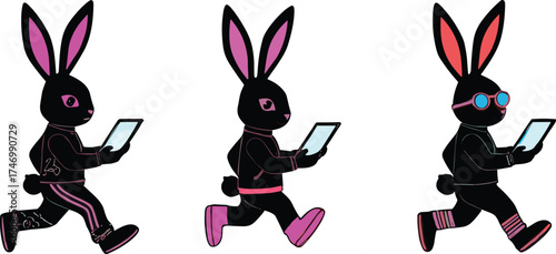 Set of three cartoon rabbits running with tablets, stylish anthropomorphic animal illustration, modern digital technology concept, whimsical fashion character design