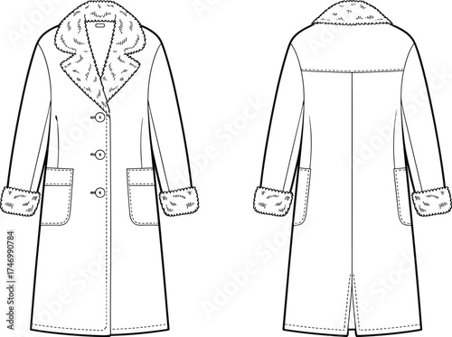 Women’s long coat flat sketch with fur lapel collar, toggle buttons, patch pockets, vented back, detailed stitching, front and back illustration