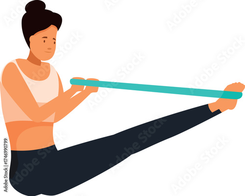 Fitness instructor performing pilates exercises with elastic band, promoting healthy lifestyle and physical wellbeing
