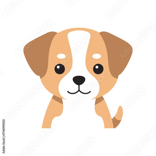 Adorable cartoon illustration of a cute brown and white puppy dog with big expressive eyes and floppy ears looking forward