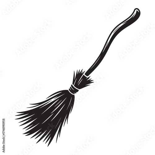 Vintage hand drawn illustration of a black witch s broomstick with a curved handle on a white background
