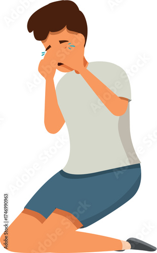 Sad boy kneeling and crying, covering his face with his hands, expressing grief and sorrow