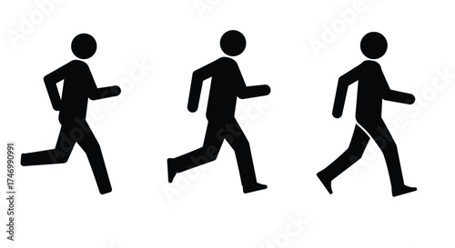 Simple black silhouettes of three people in a running or walking pose