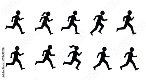 Simple black silhouettes of multiple people in various running poses