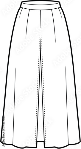 Women’s long skirt flat sketch with high waistband, front pleat detail, A‑line silhouette, clean back design, apparel fashion illustration