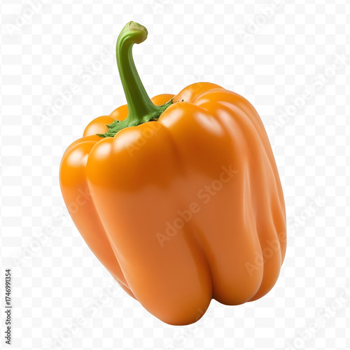 Fresh Orange Bell Pepper with Green Stem on Black Background