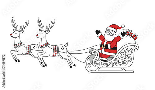 Joyful santa claus riding sleigh pulled by two reindeer bringing gifts and holiday cheer during christmas season celebration isolated on white background