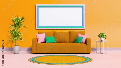 4k modern living room scene with orange walls, plush mustard couch, and decorative plants, perfect for interior design inspiration and creative projects. Empty picture frame mockup design element